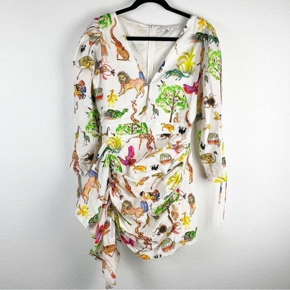 Rhode Piper Safari Animal Print Cotton V-Neck Mini Dress White Medium Casual - Picture 2 of 8